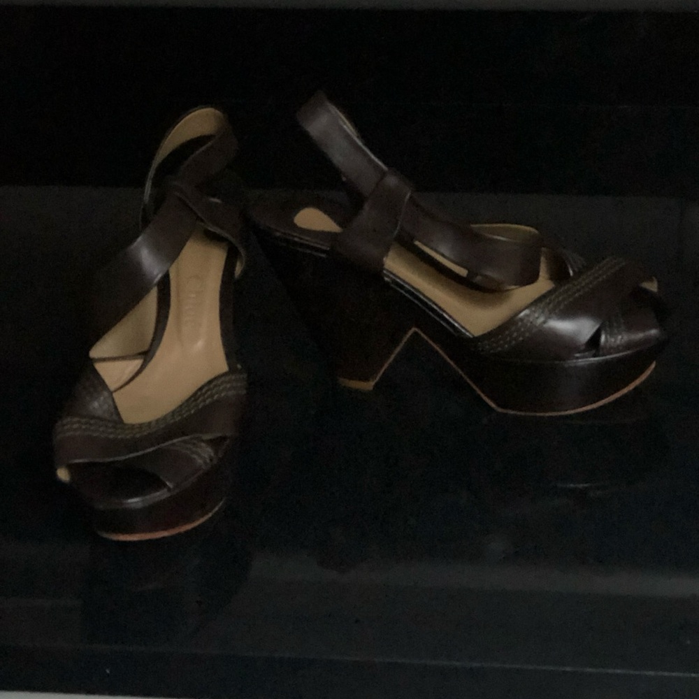 Chloé Brown Leather Platform Wedge Sandals 38.5 Made Italy Designer Heels - Picture 5 of 9